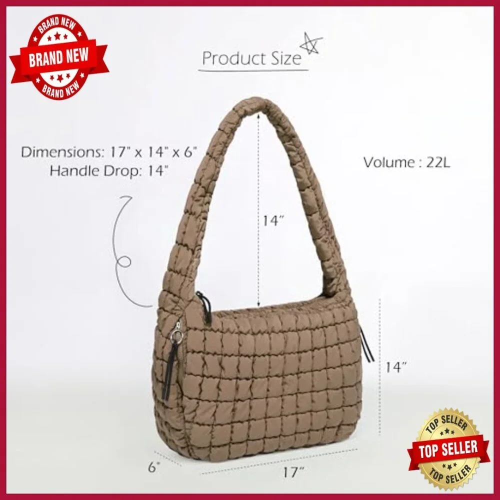 Large Quilted Tote Bag with Crossbody Strap, Lightweight Polyester Hobo
